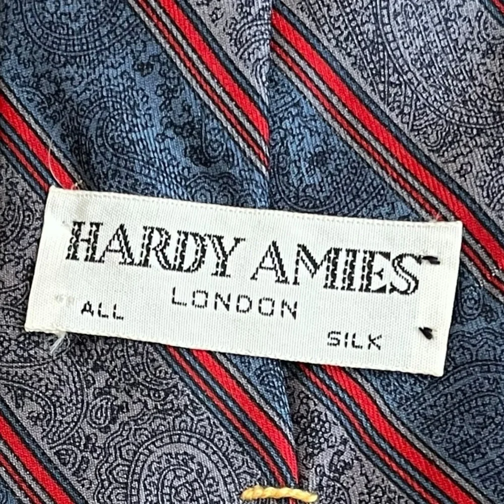 Vintage Hardy Amies London 100% Silk Neck Tie Blue Paisley Red Stripe Preppy